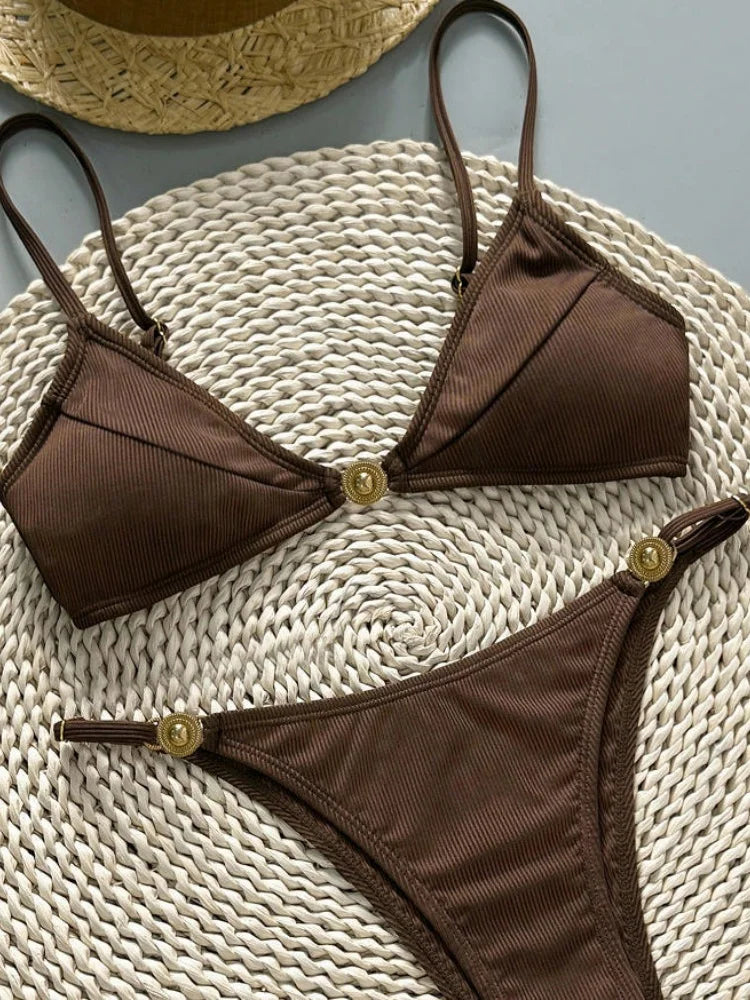 Bikini brun à perle